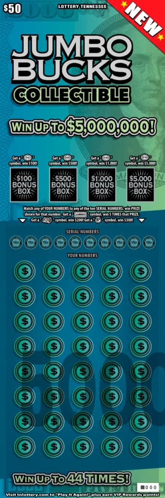 Jumbo Bucks Collectible Tennessee Lottery scratch-off ticket art