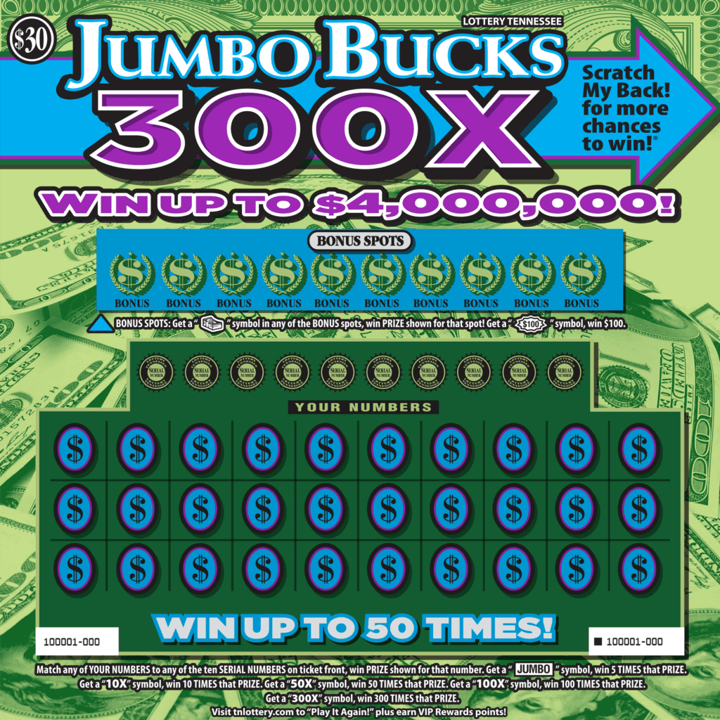 Jumbo Bucks 300X Tennessee Lottery scratch-off ticket