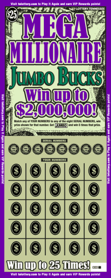 Mega Millionaire Jumbo Bucks Tennessee Lottery scratch-off ticket