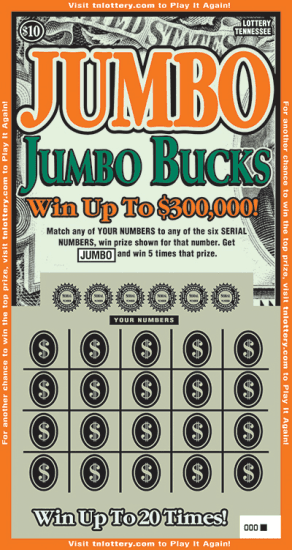 Jumbo Jumbo Bucks Tennessee Lottery scratch-off ticket art