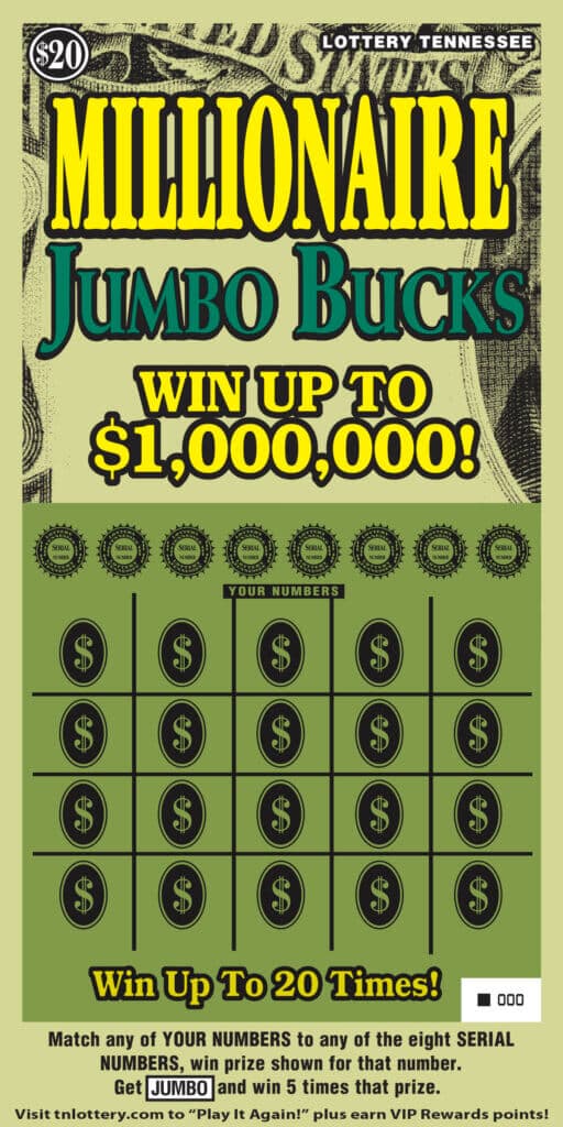 Millionaire Jumbo Bucks Tennessee Lottery scratch-off ticket art
