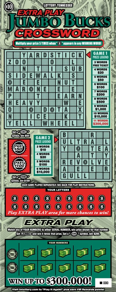 Extra Play Jumbo Bucks Crossword Tennessee Lottery scratch-off ticket art