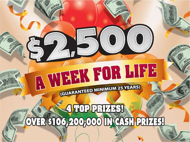 $2,500 A Week For Life Florida Lottery scratch-off ticket art