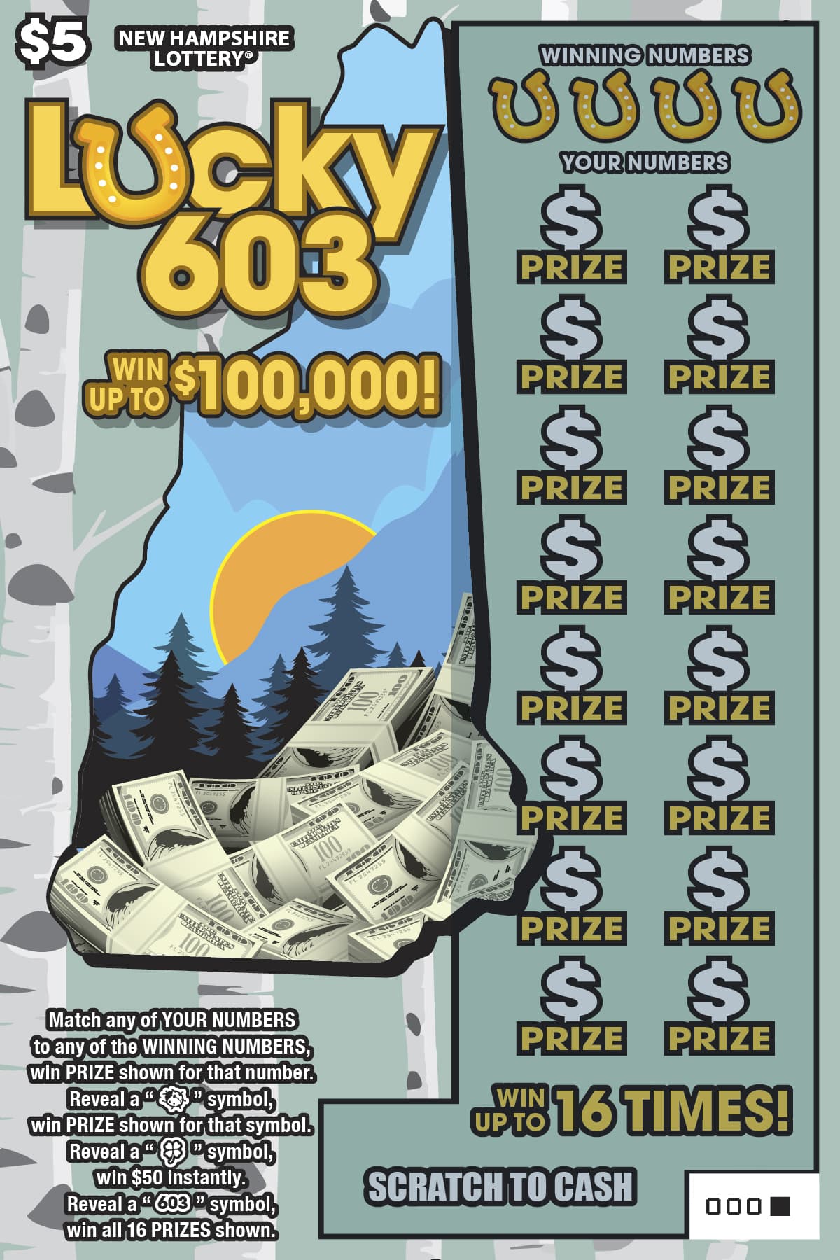 Lucky 603 New Hampshire Lottery scratch-off ticket art