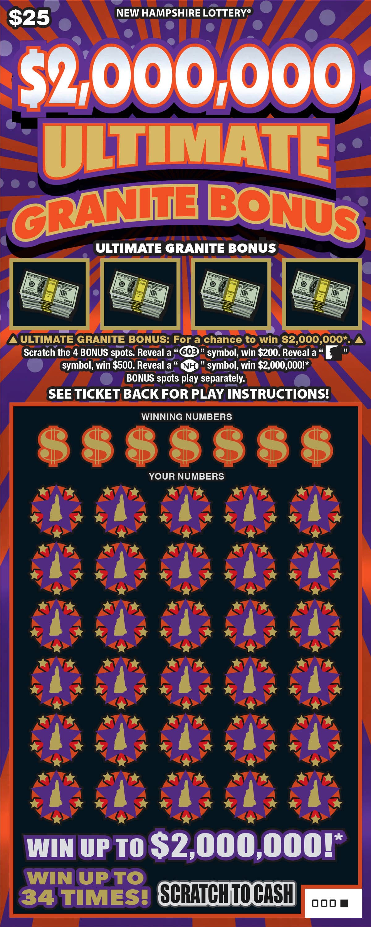 $2,000,000 Ultimate Granite Bonus New Hampshire Lottery scratch-off ticket