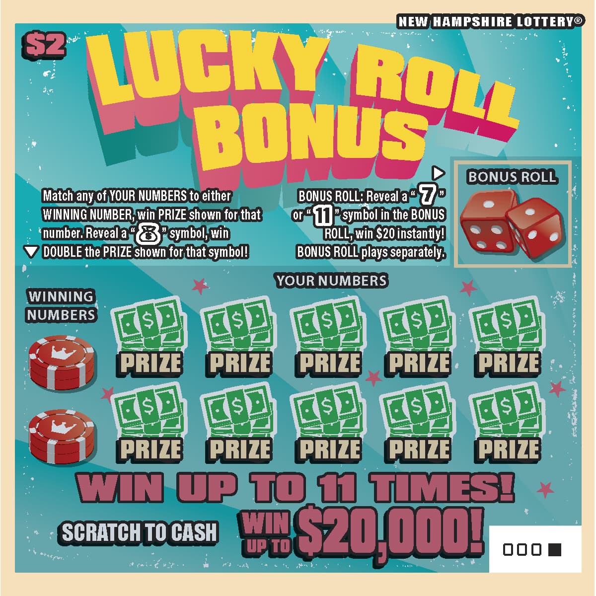 Lucky Roll Bonus New Hampshire Lottery scratch-off ticket art