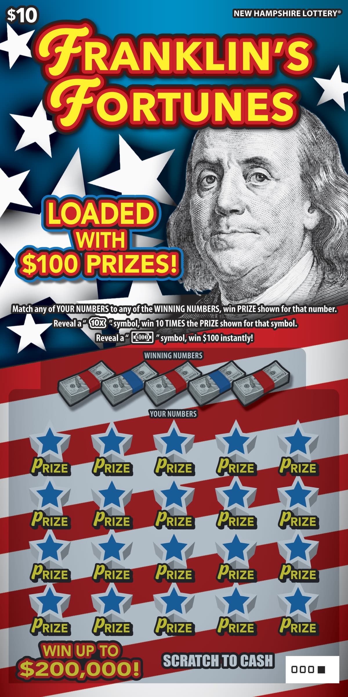 Franklin's Fortunes New Hampshire Lottery scratch-off ticket art