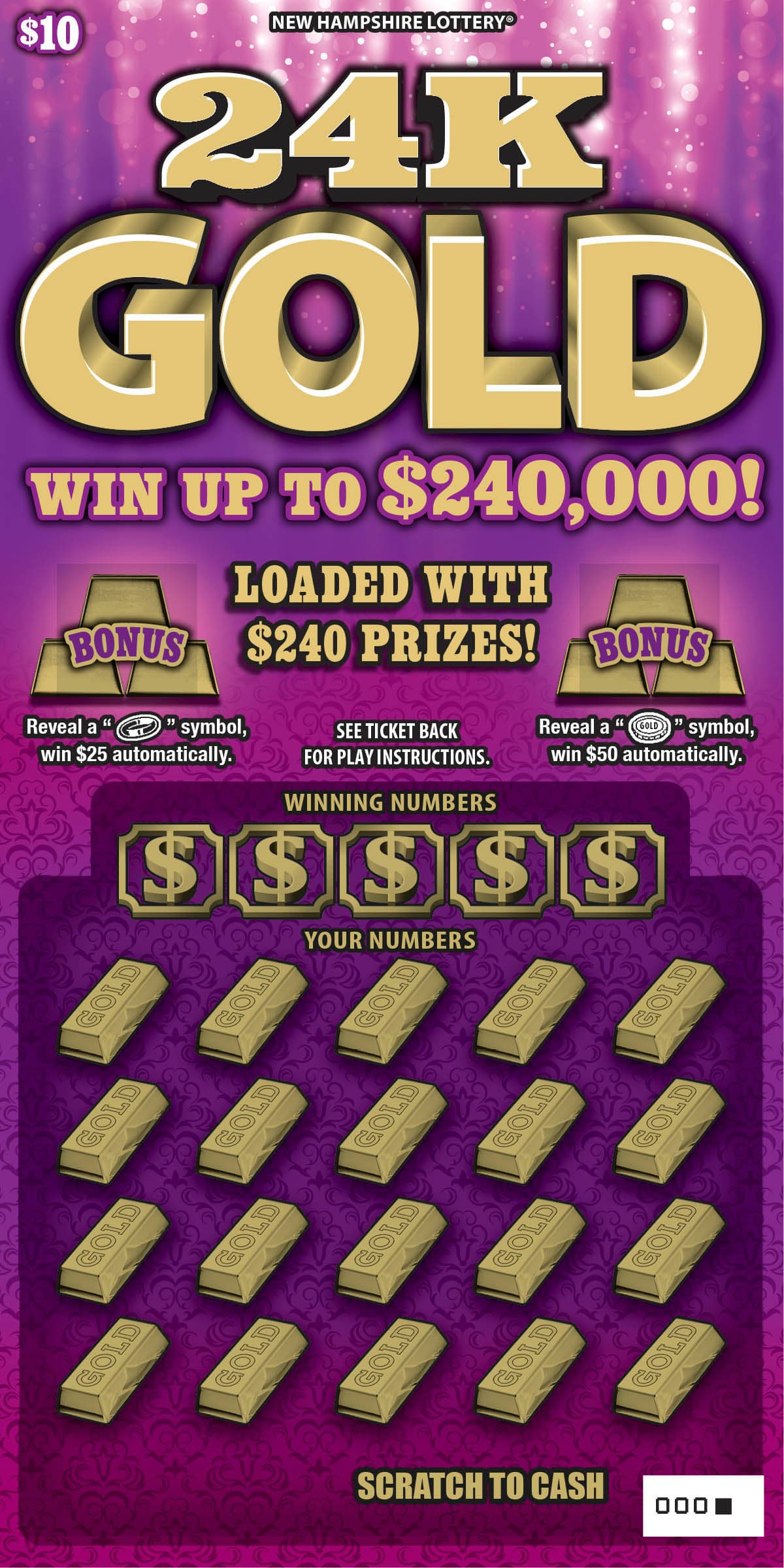 24K Gold New Hampshire Lottery scratch-off ticket art