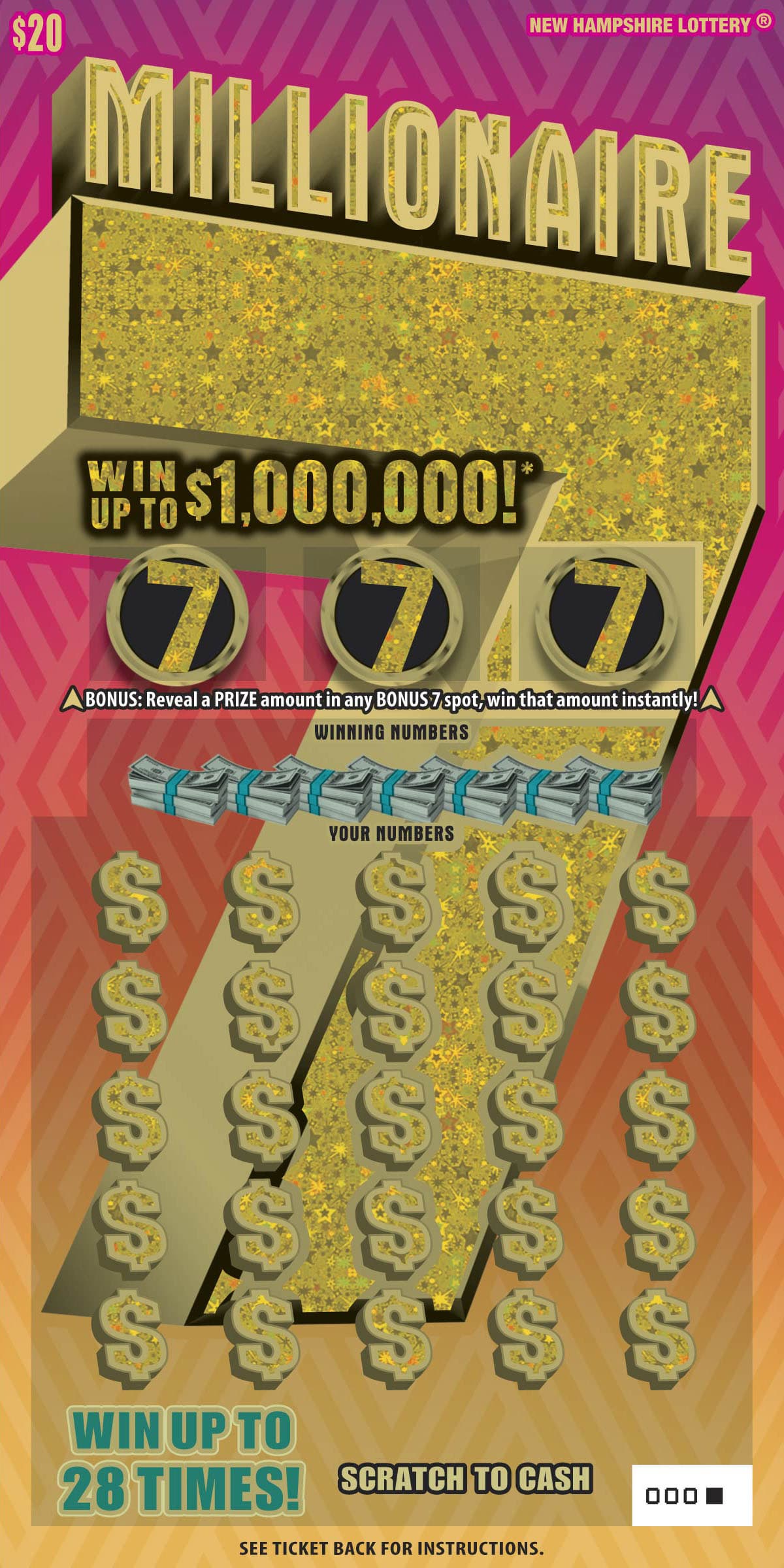 Millionaire 7 New Hampshire Lottery scratch-off ticket art