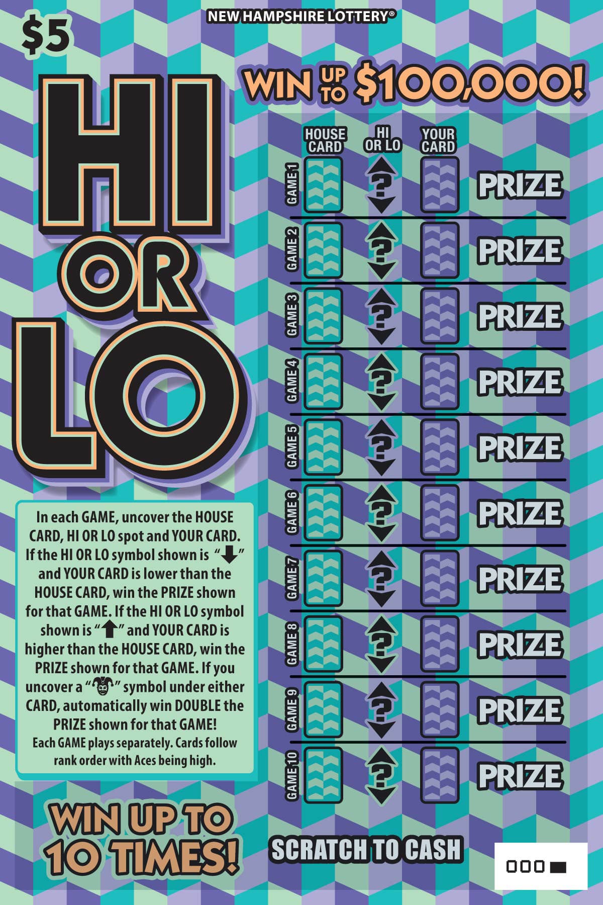 Hi or Lo New Hampshire Lottery scratch-off ticket
