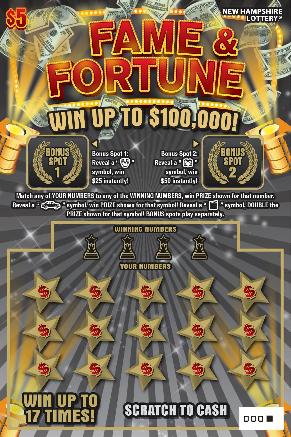 Fame & Fortune New Hampshire Lottery scratch-off ticket art