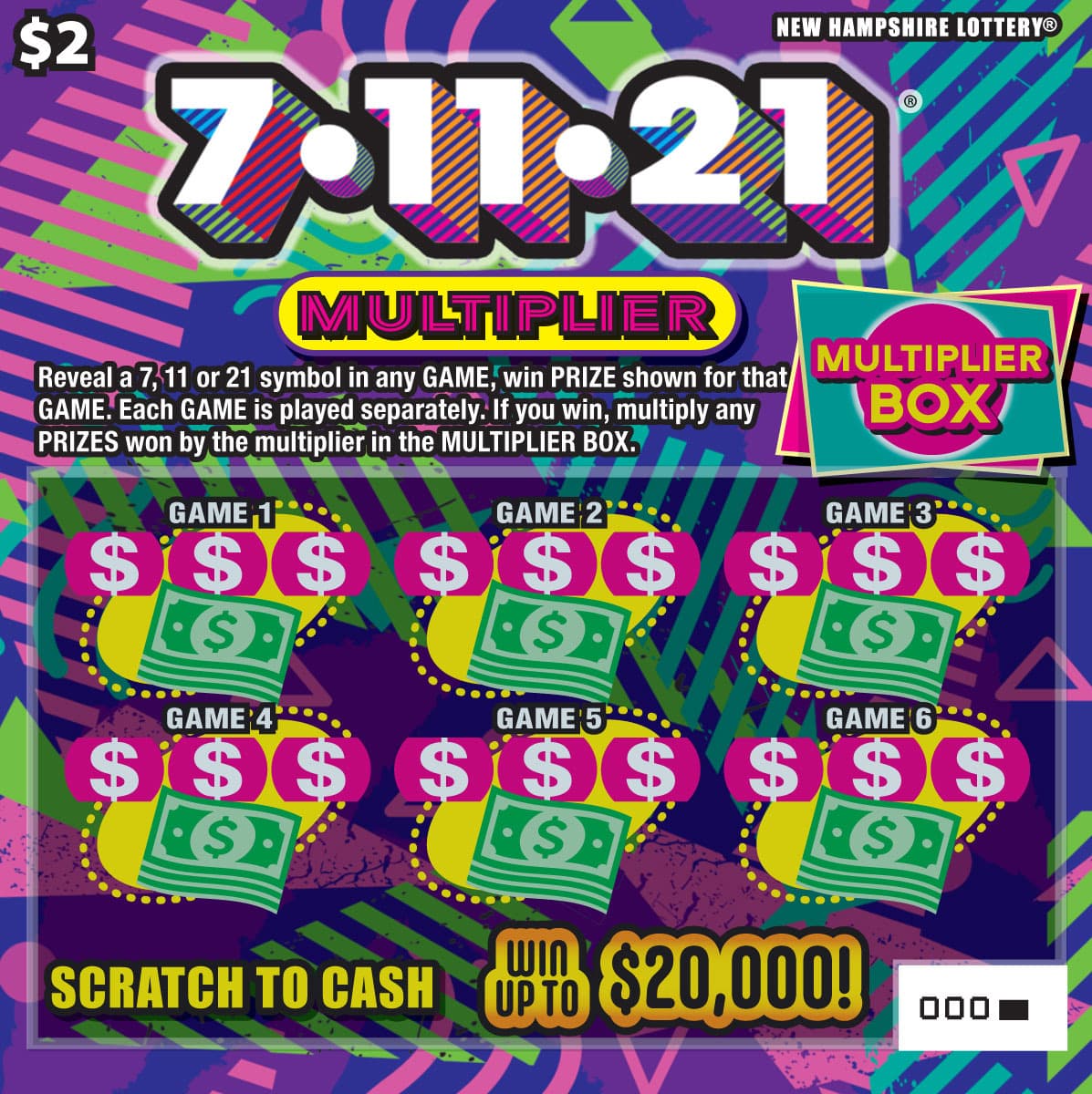 7•11•21 Multiplier New Hampshire Lottery scratch-off ticket art