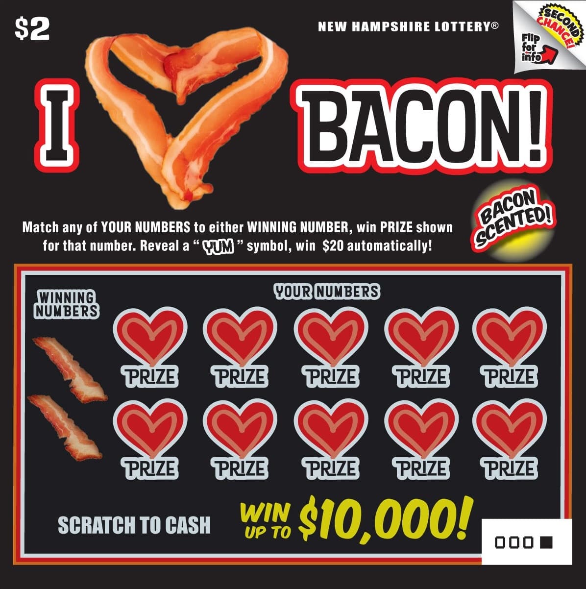 I Heart Bacon New Hampshire Lottery scratch-off ticket art