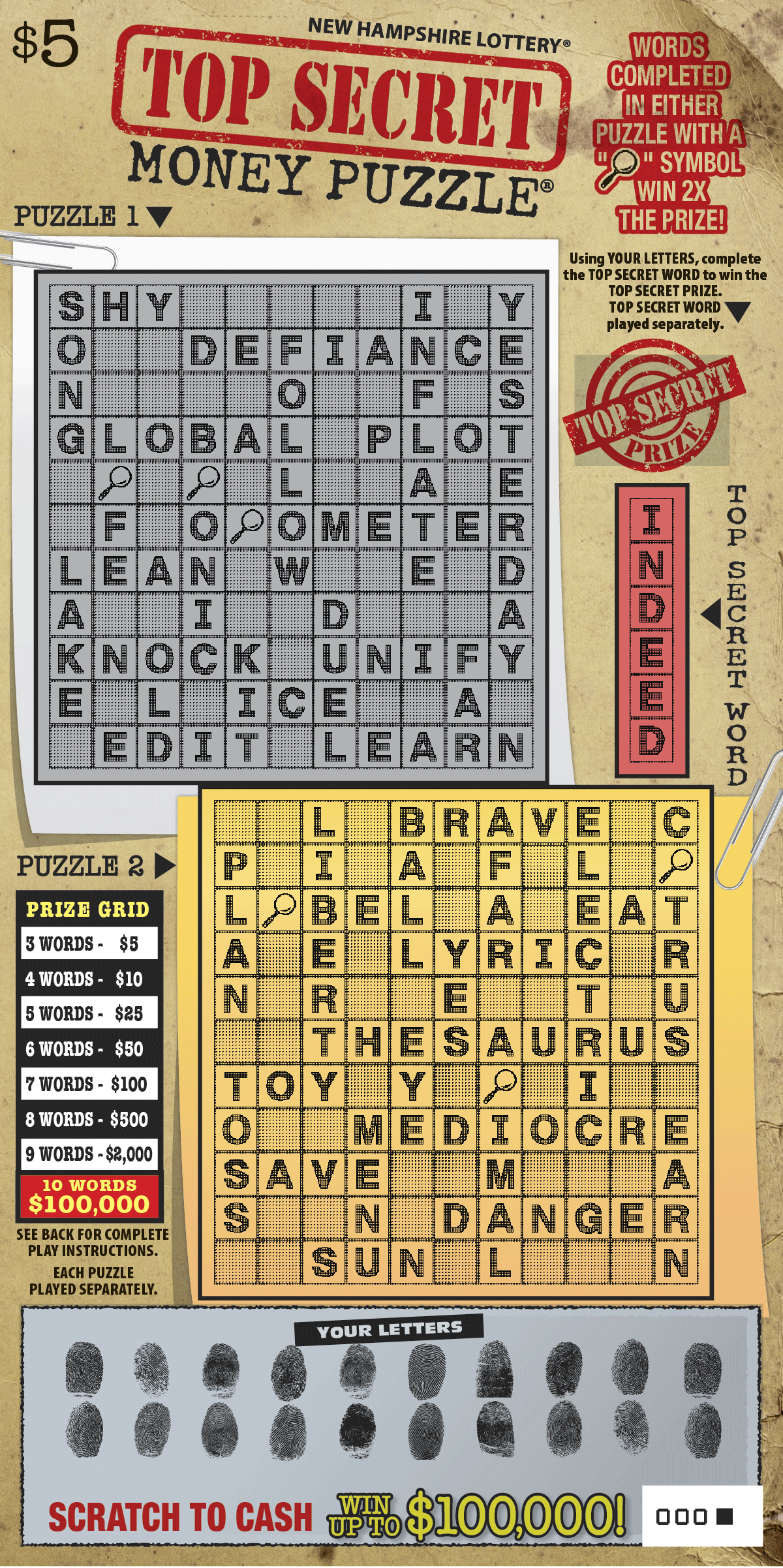 Top Secret Money Puzzle New Hampshire Lottery scratch-off ticket art