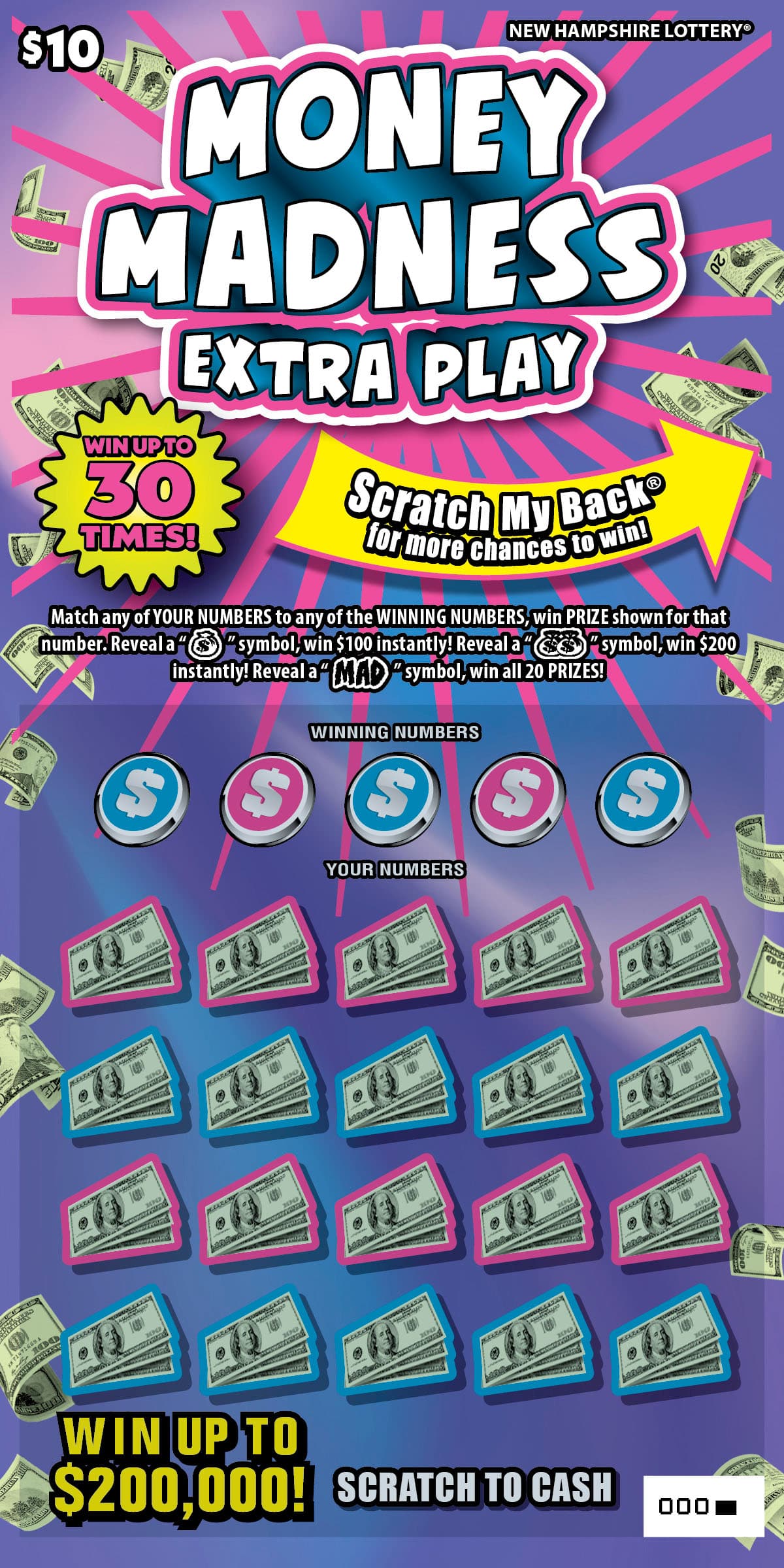 Money Madness Extra Play New Hampshire Lottery scratch-off ticket art