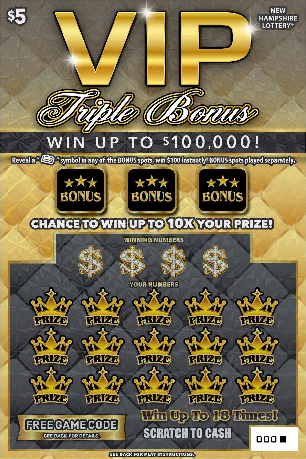 VIP Triple Bonus New Hampshire Lottery scratch-off ticket art