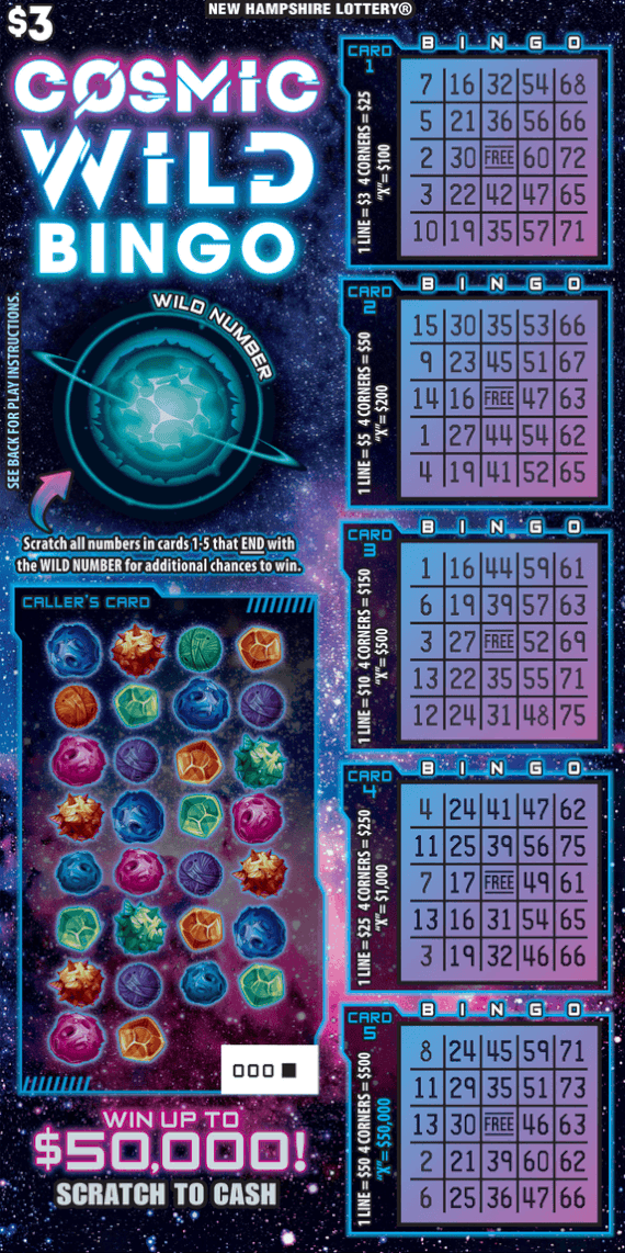 Cosmic Wild Bingo New Hampshire Lottery scratch-off ticket art