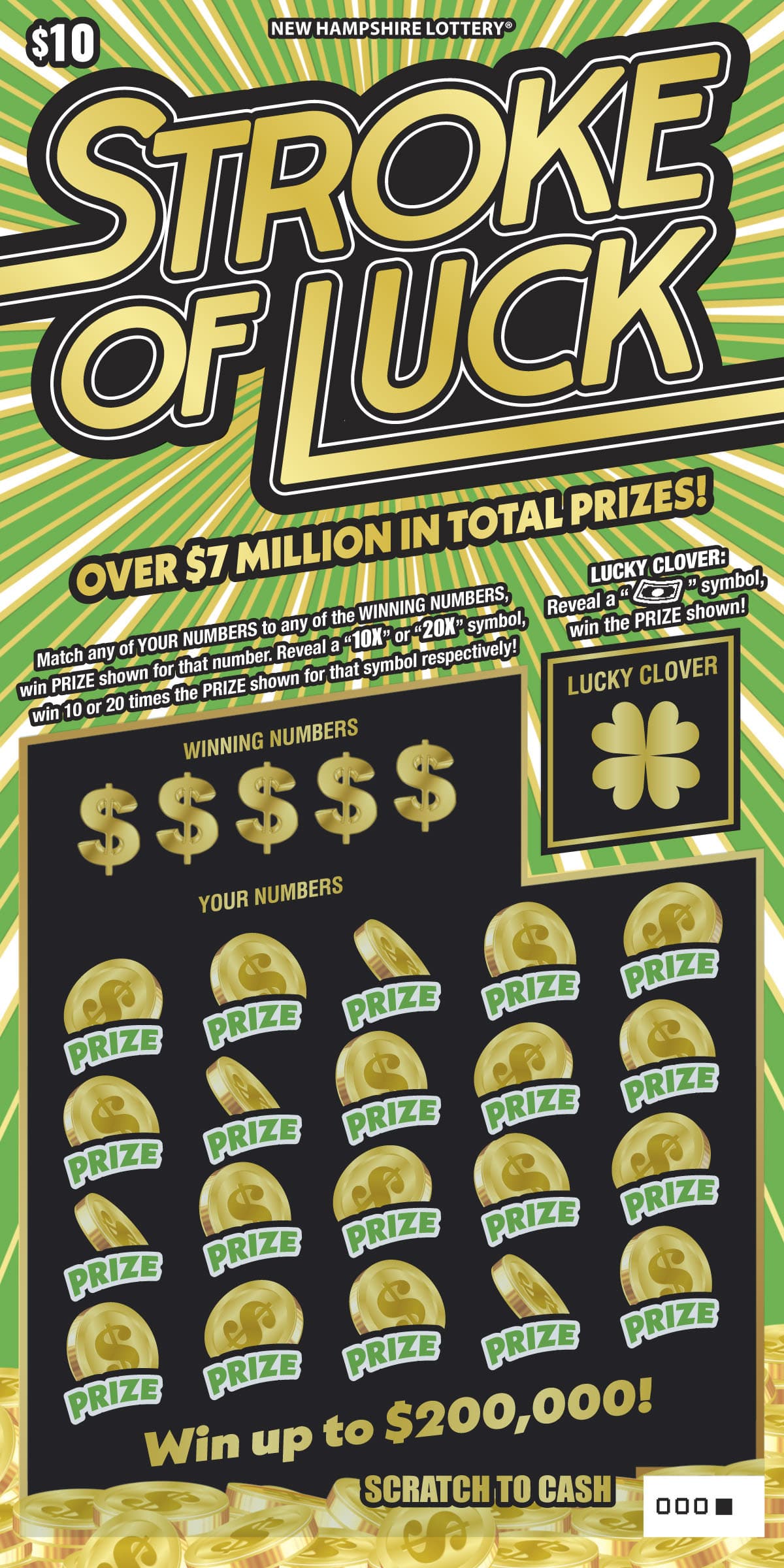 Stroke of Luck New Hampshire Lottery scratch-off ticket