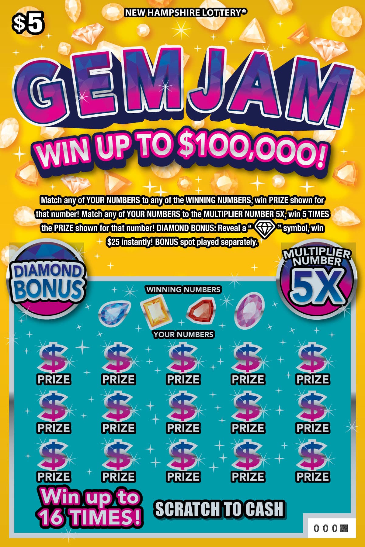 Gem Jam New Hampshire Lottery scratch-off ticket art