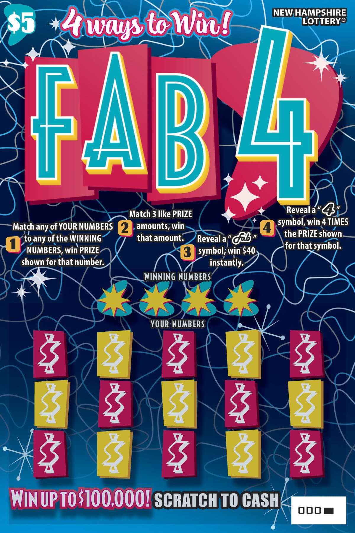 Fab 4 New Hampshire Lottery scratch-off ticket art