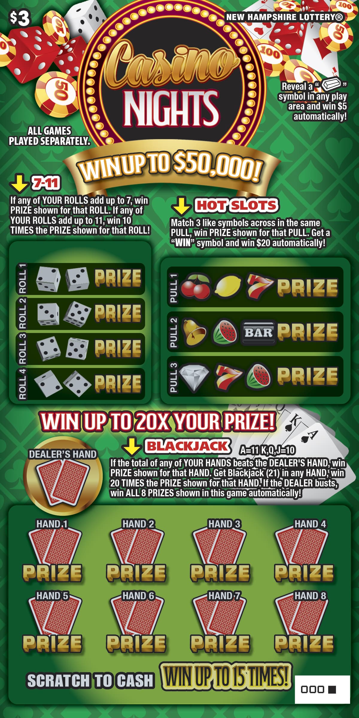 Casino Nights New Hampshire Lottery scratch-off ticket art