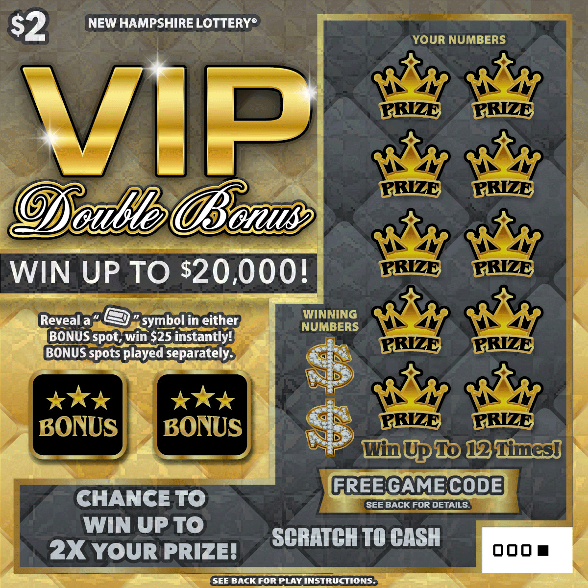 VIP Double Bonus New Hampshire Lottery scratch-off ticket art