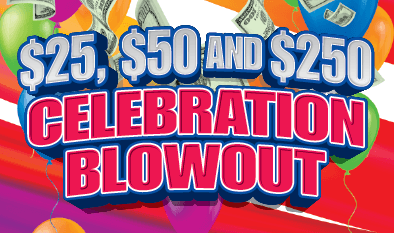 $25, $50 and $250 CELEBRATION BLOWOUT Massachusetts Lottery scratch-off ticket art