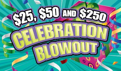 $25, $50 and $250 CELEBRATION BLOWOUT Massachusetts Lottery scratch-off ticket art