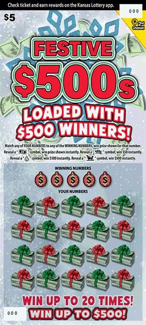 Festive $500s Kansas Lottery scratch-off ticket