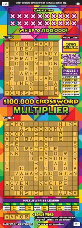 $100,000 Crossword Multiplier Kansas Lottery scratch-off ticket art