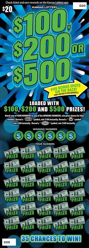 $100, $200 Or $500 Kansas Lottery scratch-off ticket art