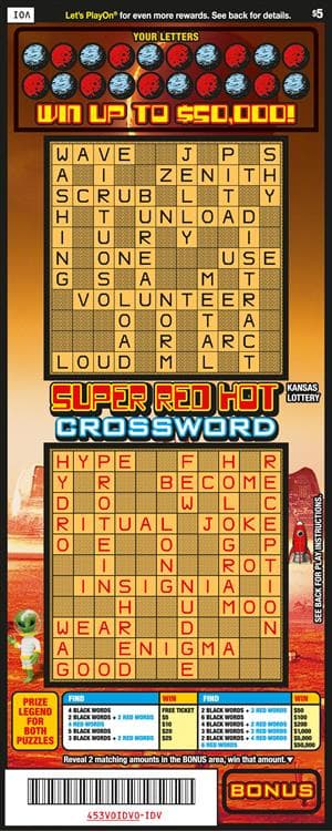 Super Red Hot Crossword Kansas Lottery scratch-off ticket art