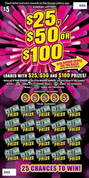 $25, $50 Or $100 Kansas Lottery scratch-off ticket