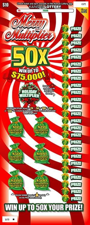 Merry Multiplier 50X Kansas Lottery scratch-off ticket art