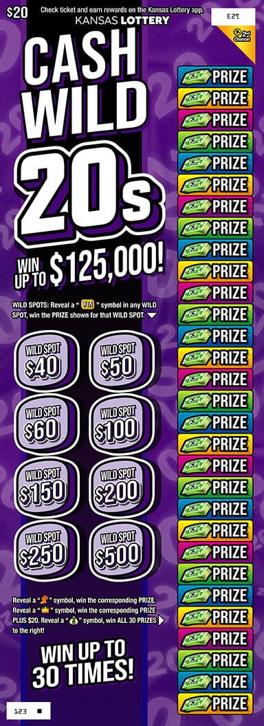 Cash Wild 20s Kansas Lottery scratch-off ticket