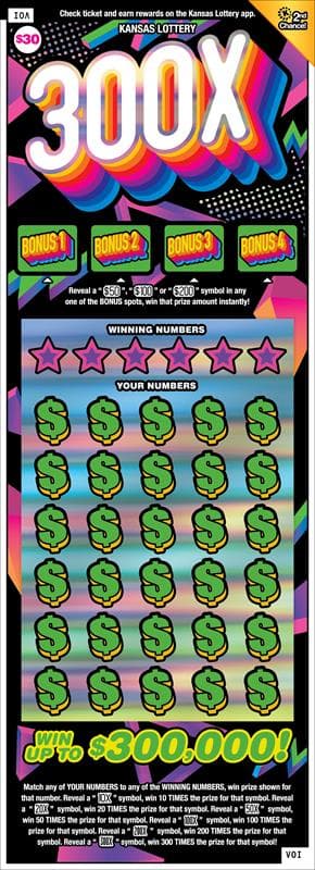 300x Kansas Lottery scratch-off ticket