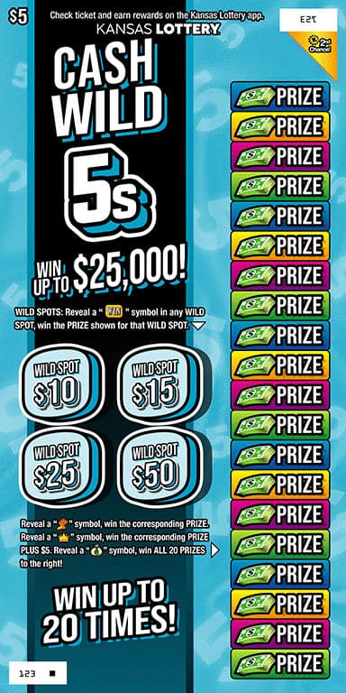 Cash Wild 5s Kansas Lottery scratch-off ticket art
