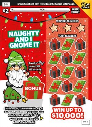Naughty and I Gnome It Kansas Lottery scratch-off ticket art