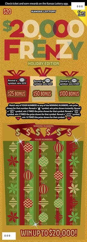 $20,000 Frenzy Kansas Lottery scratch-off ticket art