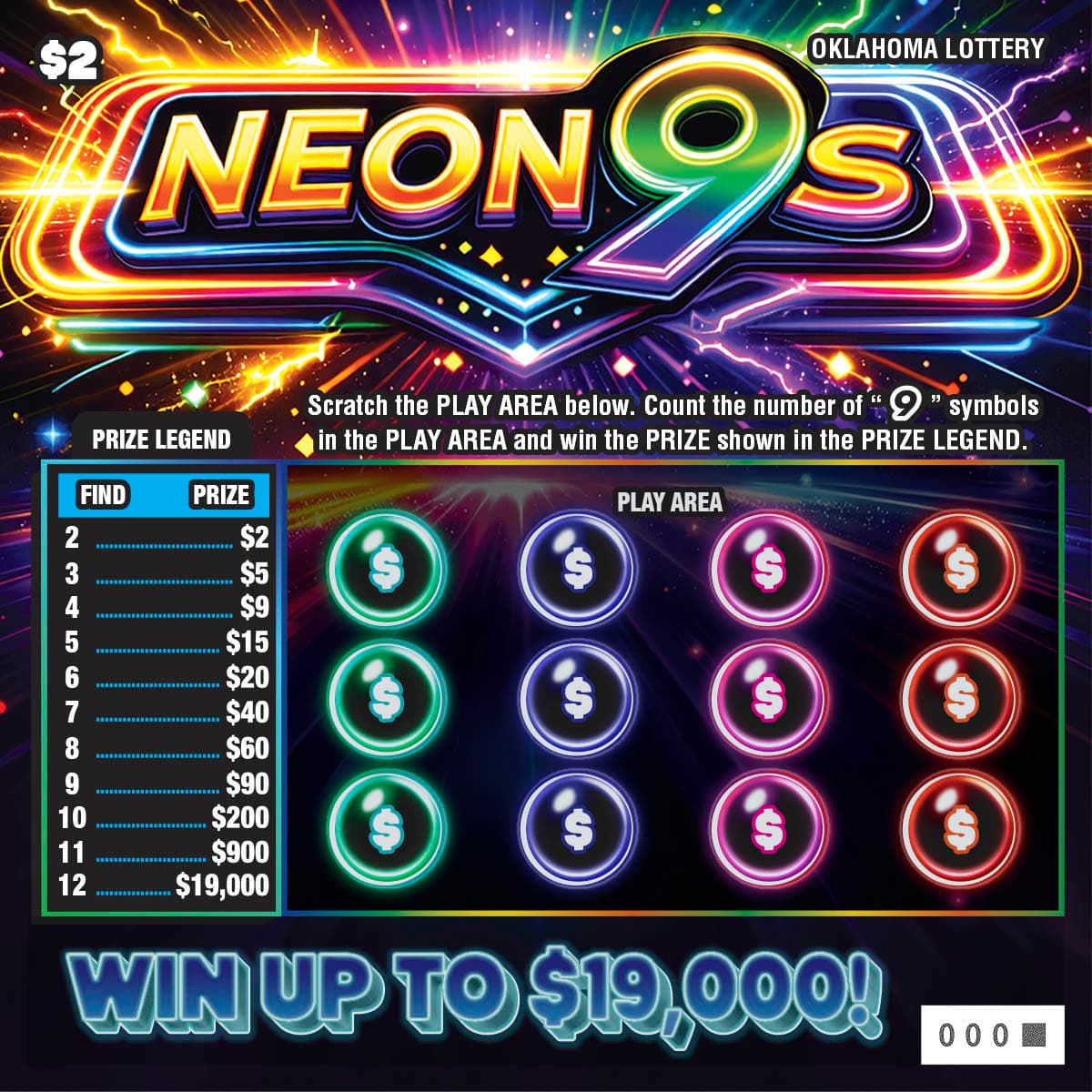 Neon 9s Oklahoma Lottery scratch-off ticket art