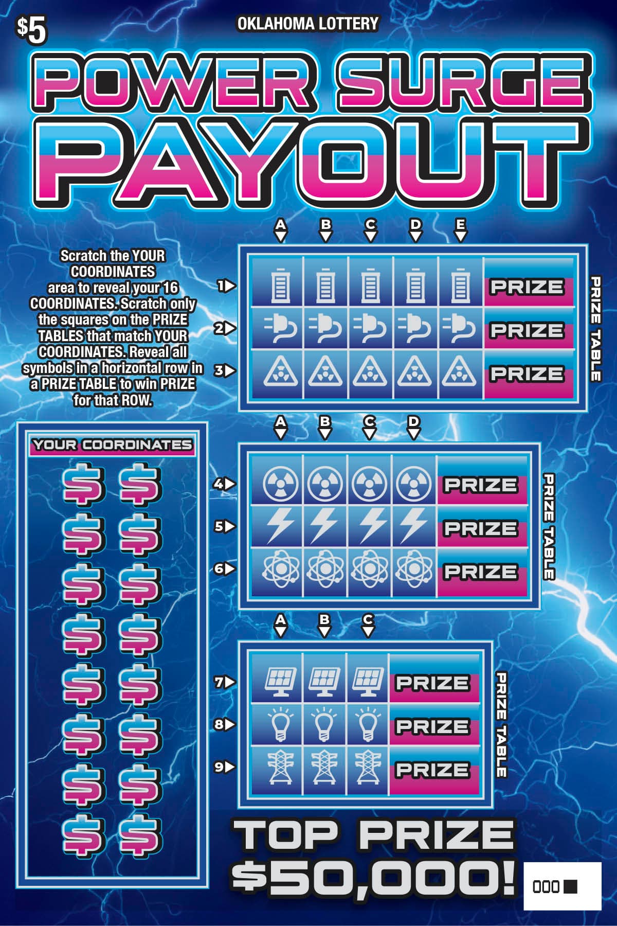 Power Surge Payout Oklahoma Lottery scratch-off ticket art