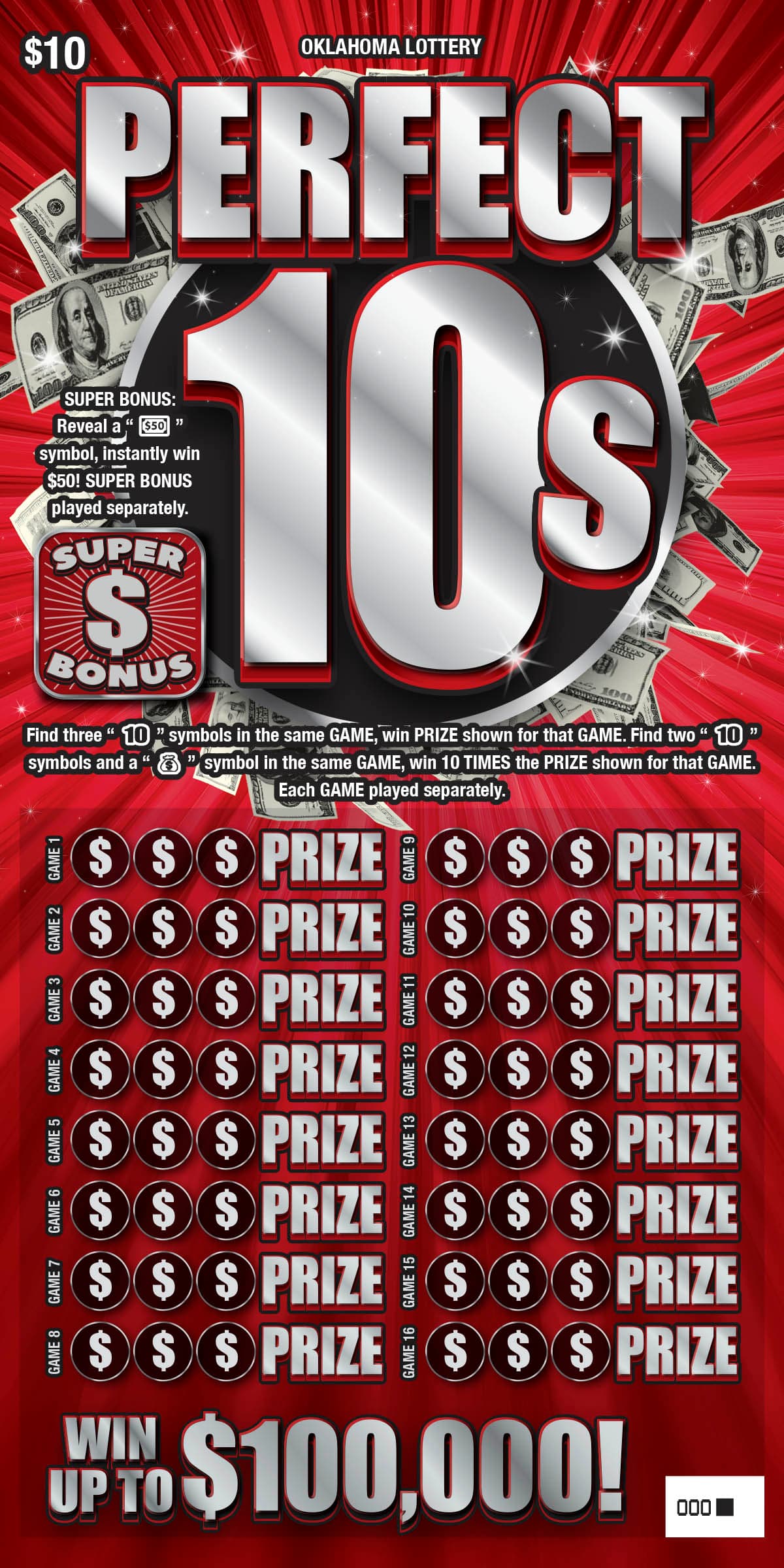 Perfect 10s Oklahoma Lottery scratch-off ticket art