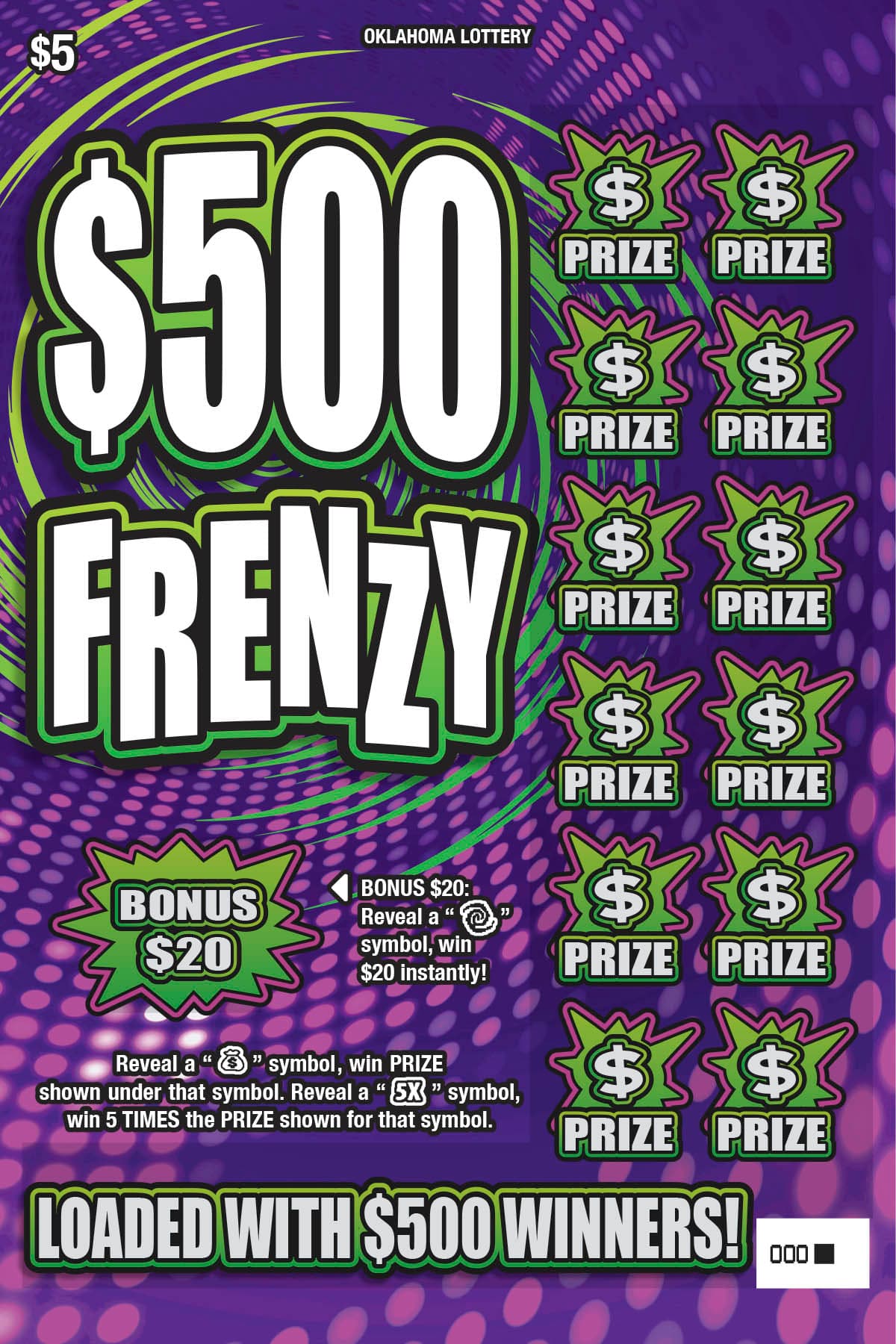 $500 Frenzy Oklahoma Lottery scratch-off ticket