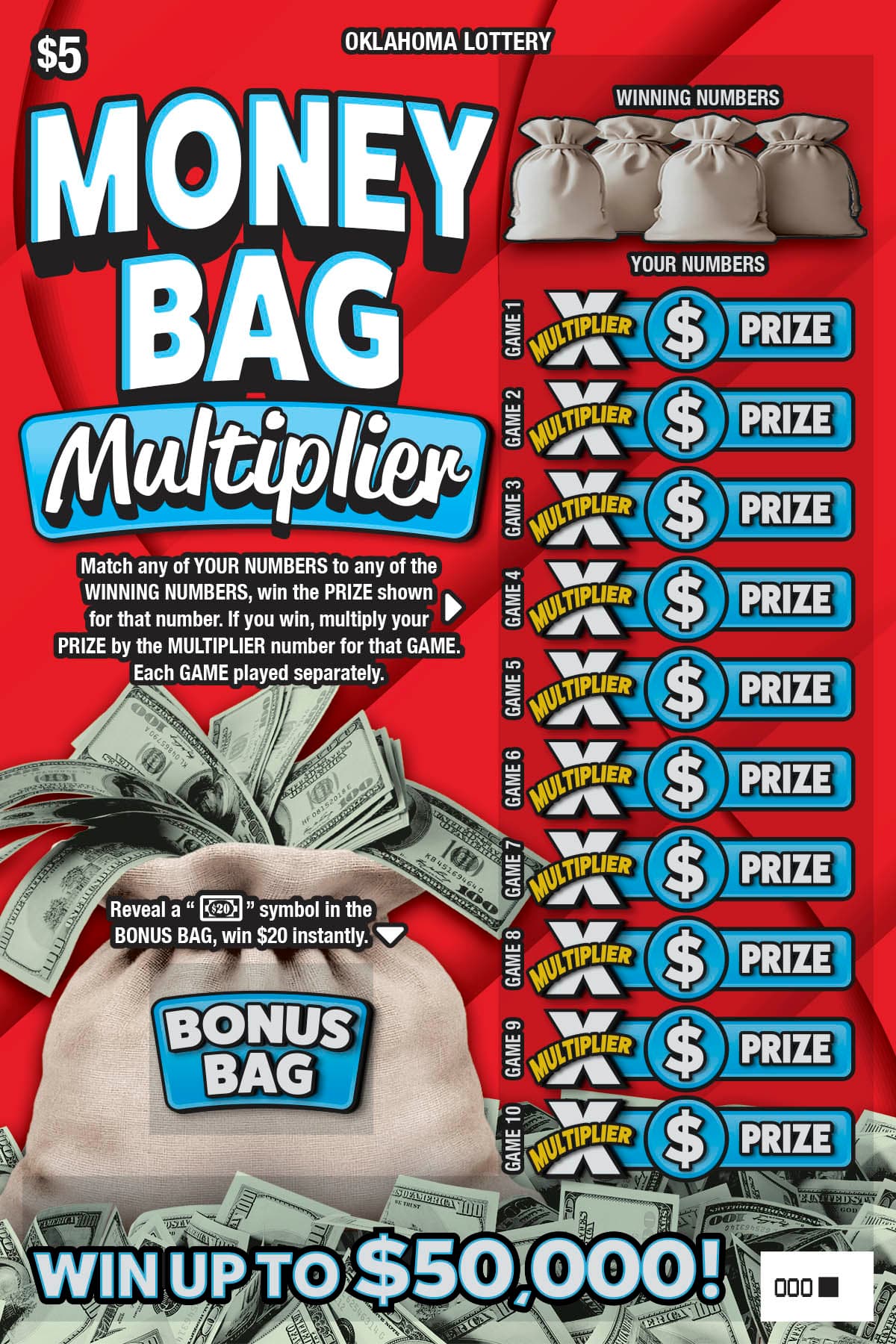 Money Bag Multiplier Oklahoma Lottery scratch-off ticket art