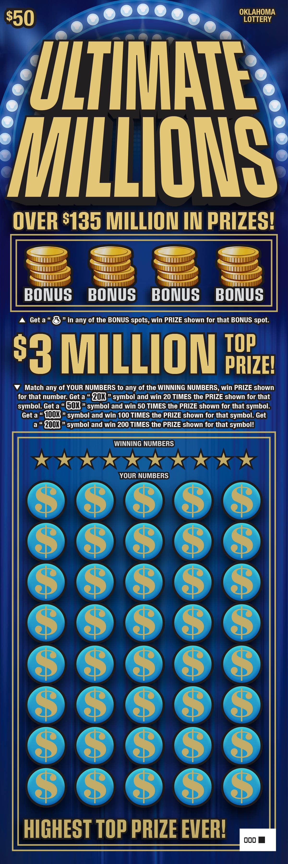 Ultimate Millions Oklahoma Lottery scratch-off ticket art