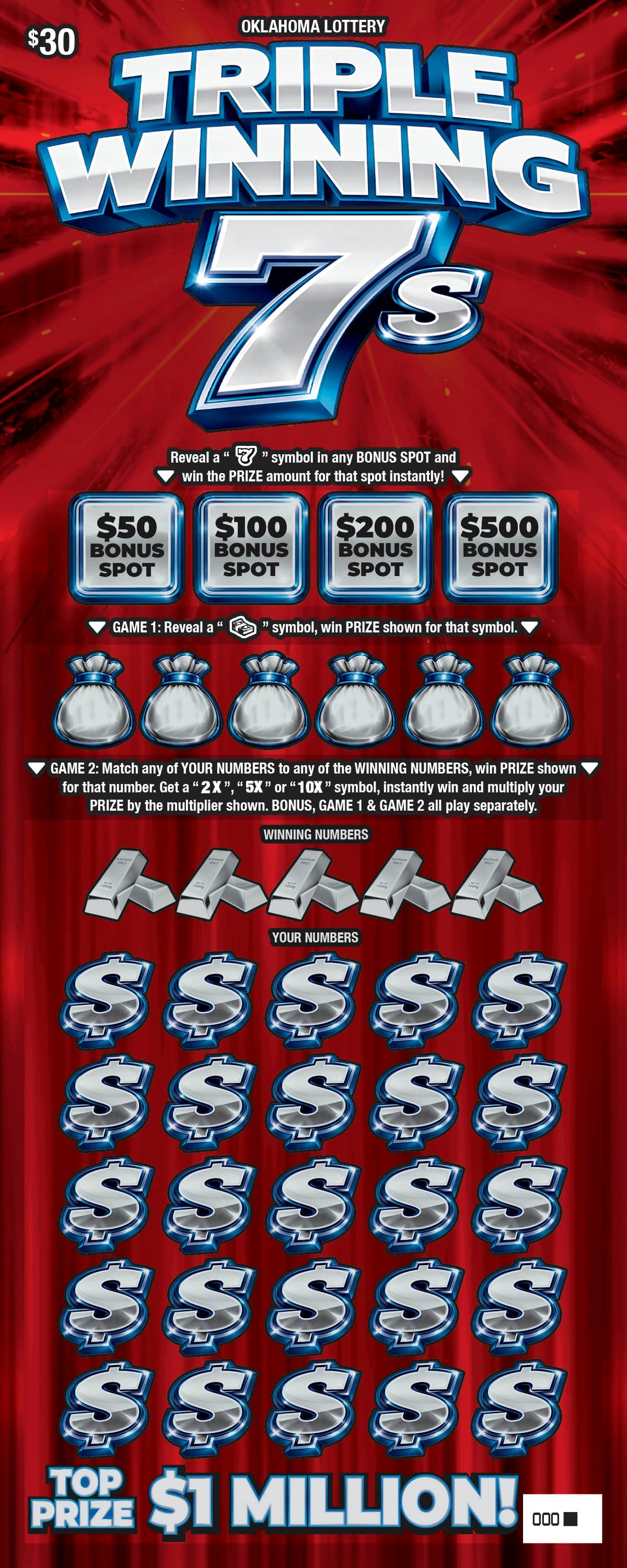 Triple Winning 7s Oklahoma Lottery scratch-off ticket