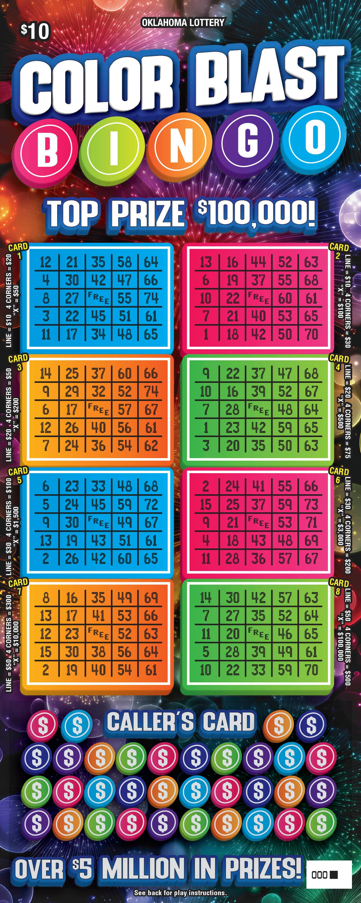 Color Blast Bingo Oklahoma Lottery scratch-off ticket