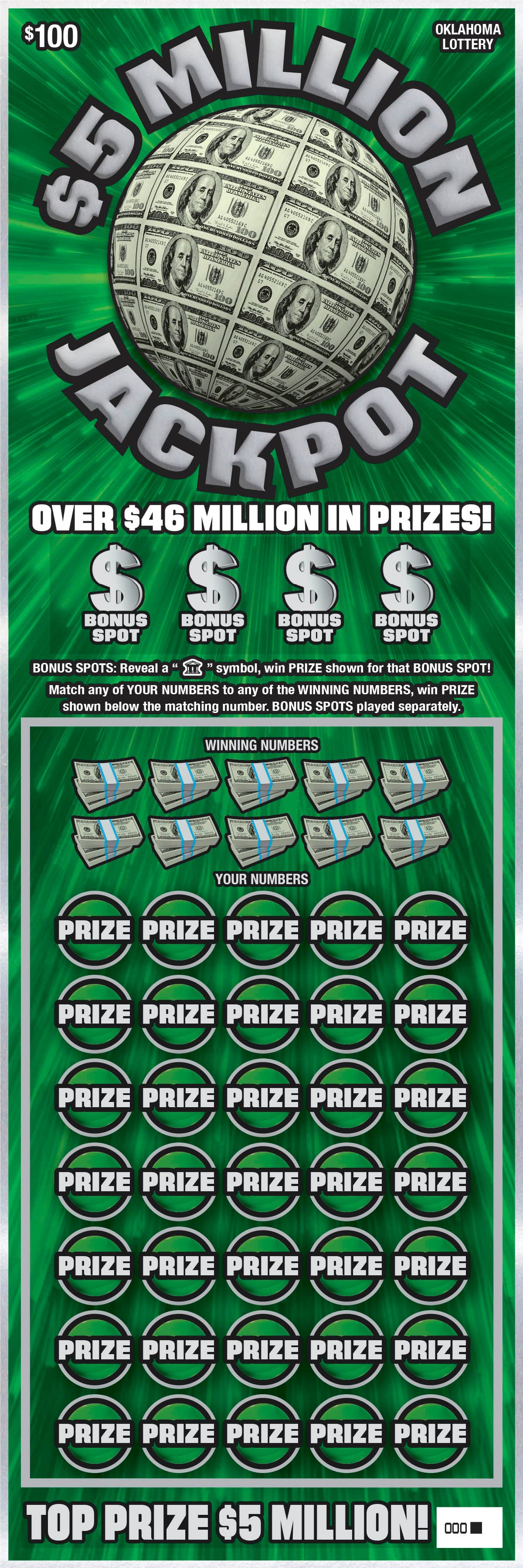 $5 Million Jackpot Oklahoma Lottery scratch-off ticket art