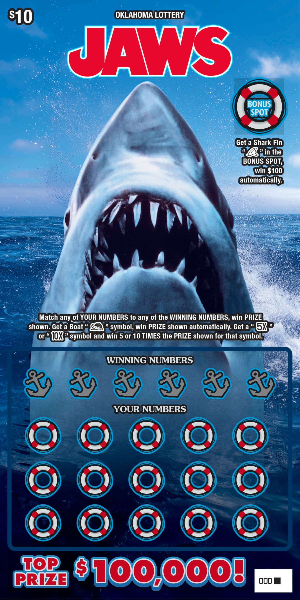 JAWS Oklahoma Lottery scratch-off ticket