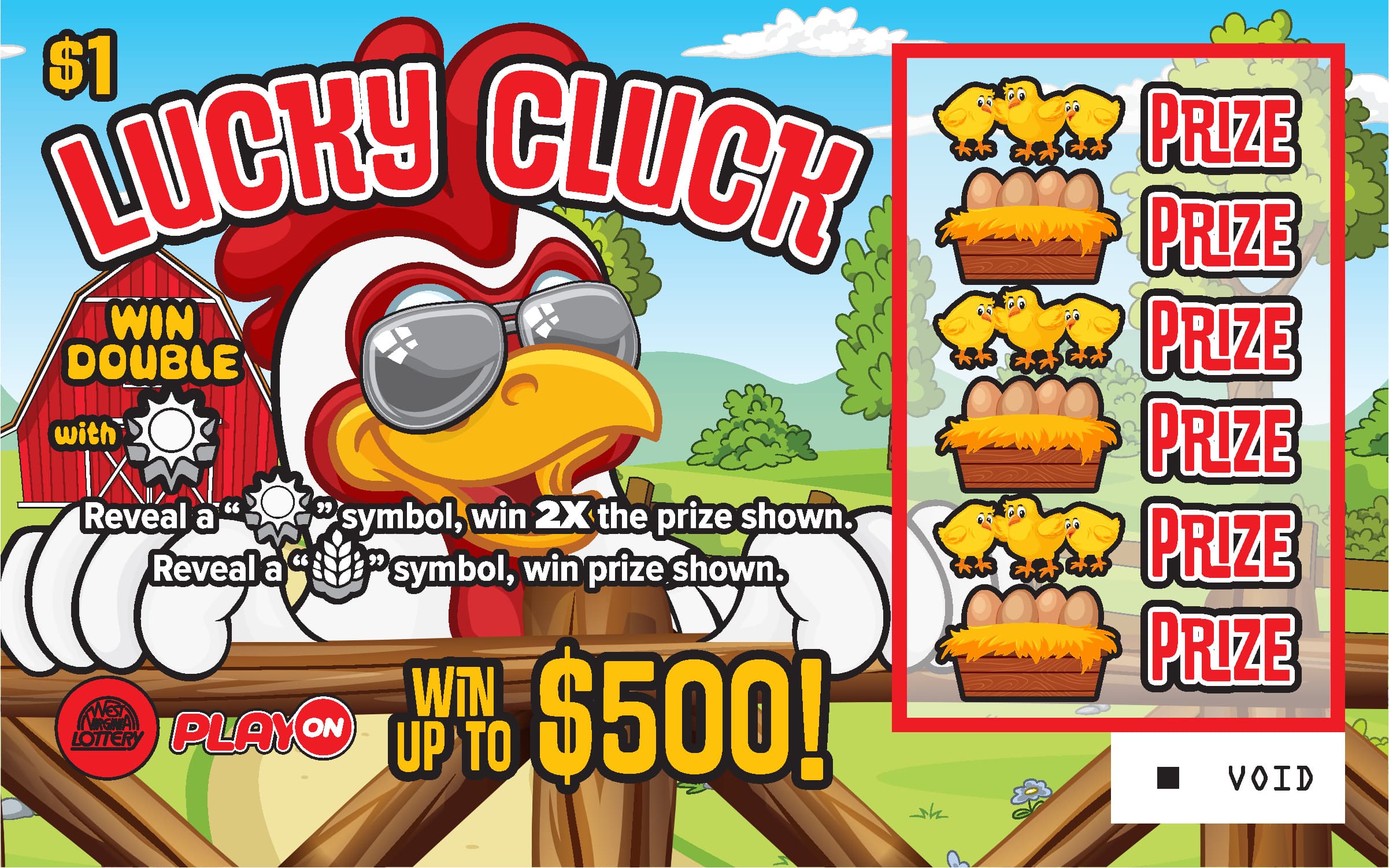 SHARK-CLUCK-WILD-HOPPY West Virginia Lottery scratch-off ticket art